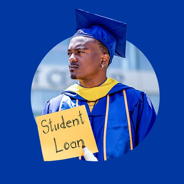 design image of a student graduate and a sticky note saying "student loan"